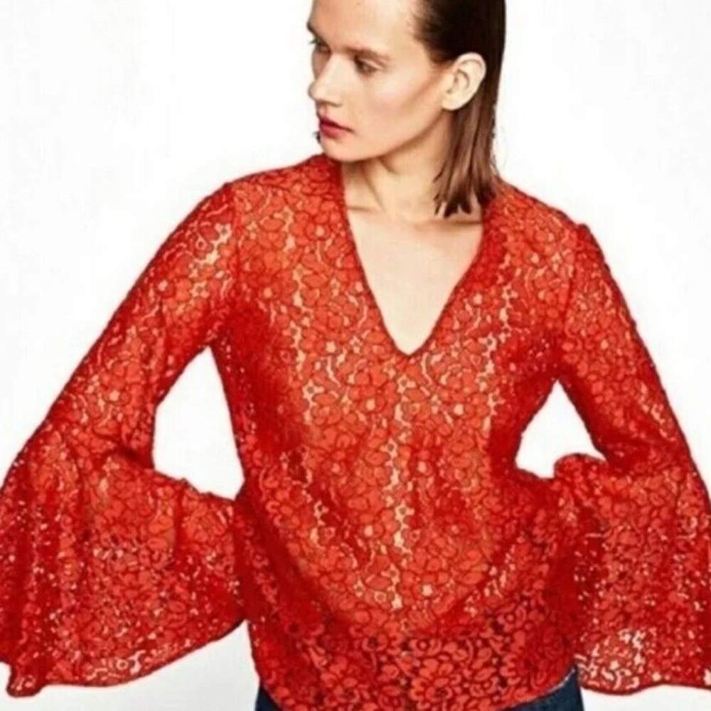 Zara Floral Lace Top V‎ neck Bell Long Sleeves Boho Festival Size XL terracot